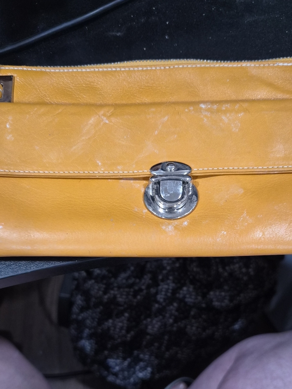Perlina Mustard Yellow Leather Wristlet with Silver-Tone Lock